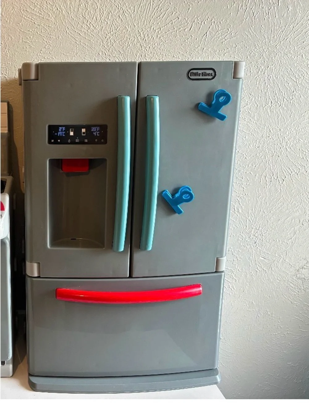 Target Gray Play Refrigerator with Teal Handles and Red Drawer Accent